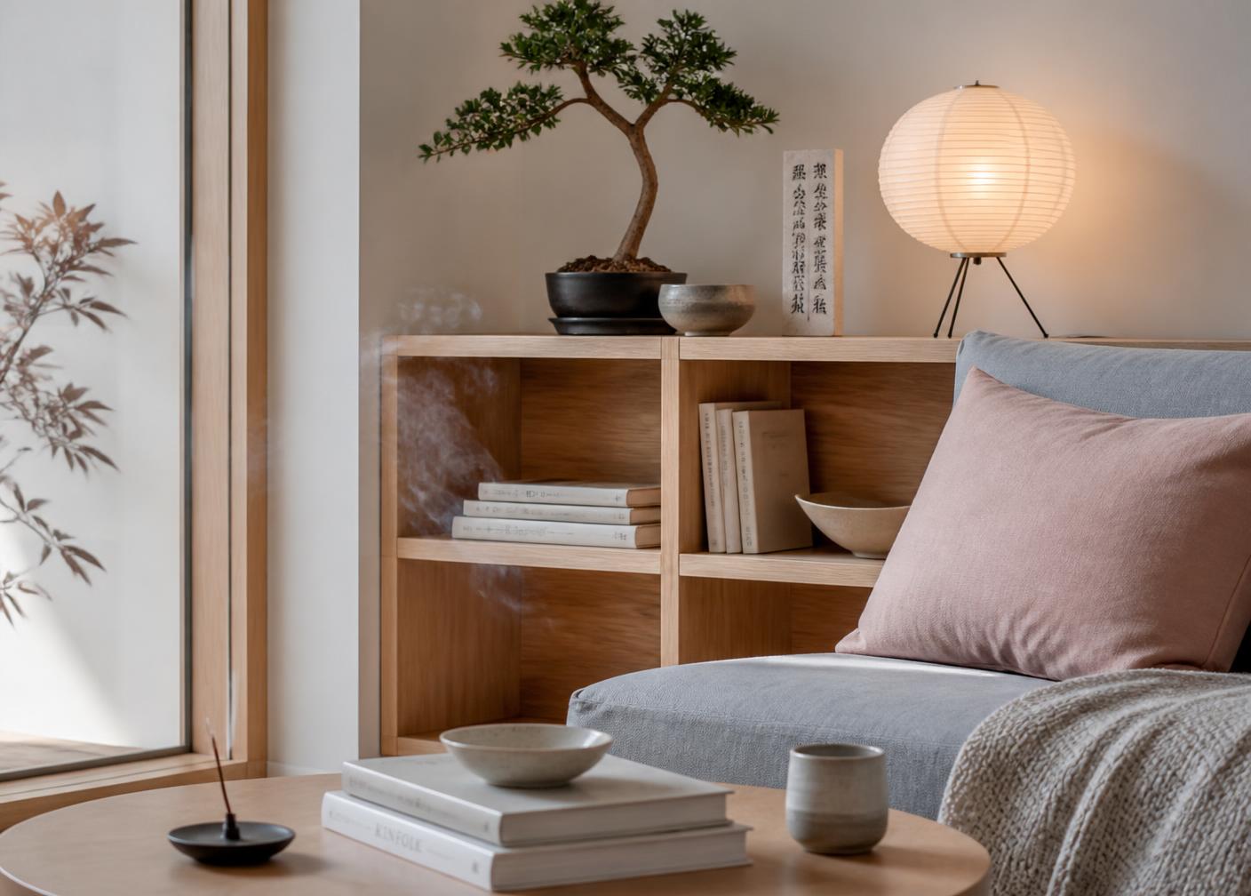 Cozy Japanese-inspired living room corner with a paper lantern, bonsai and blush cushion
